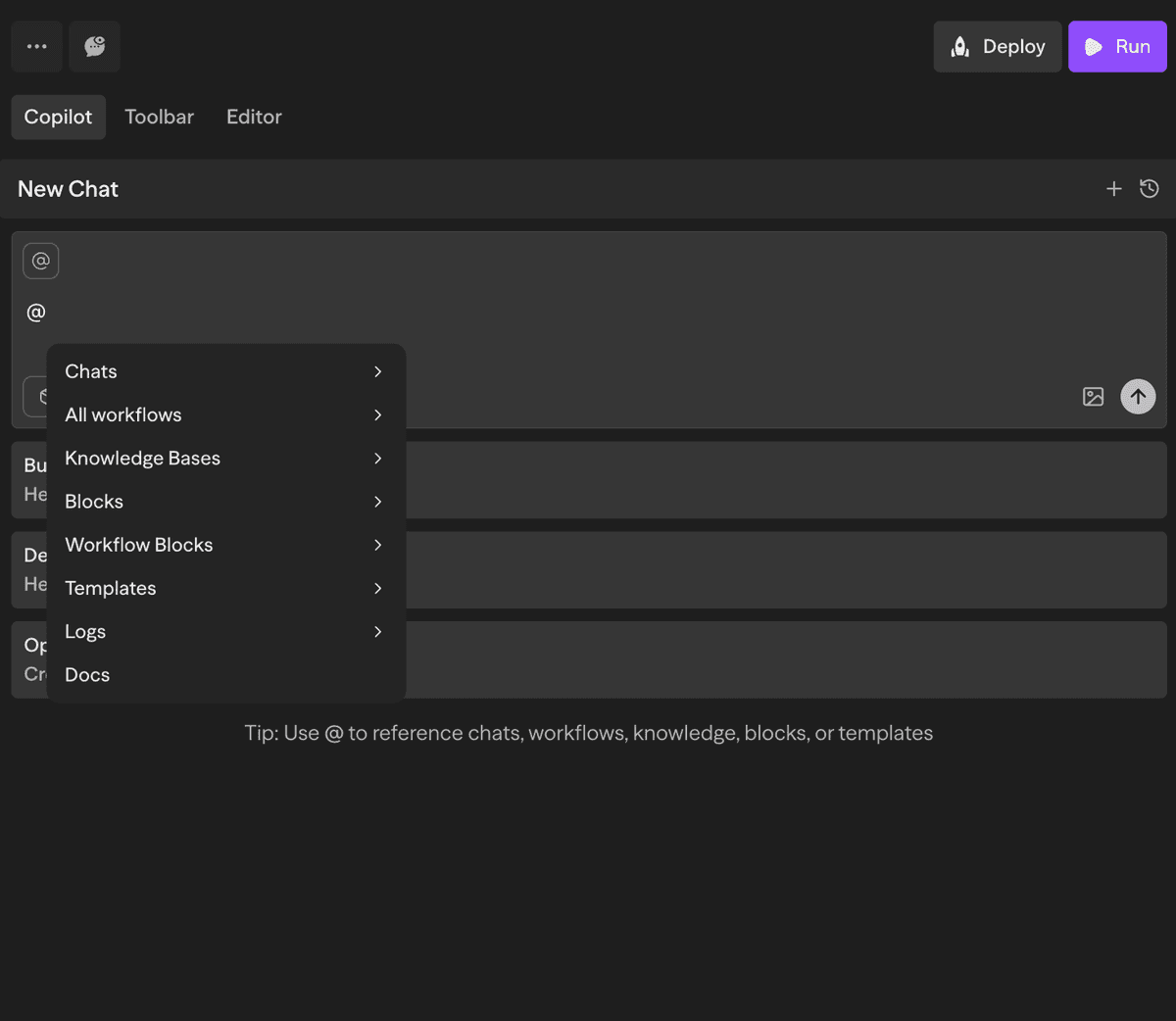 Menú contextual de Copilot mostrando opciones de referencia disponibles